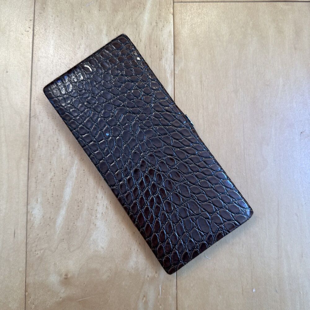 CHOCOLATE BROWN FAUX SNAKESKIN WALLET CLUTCH